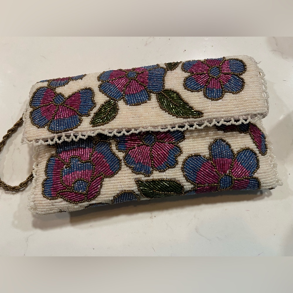 Floral Design Embellished Beaded Shoulder Bag Pearl White Women Evening Clutch
